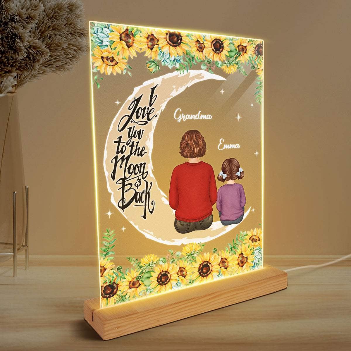 Sunflower Grandma Grandkids On Moon Personalized Rectangle Acrylic Plaque LED Lamp Night Light