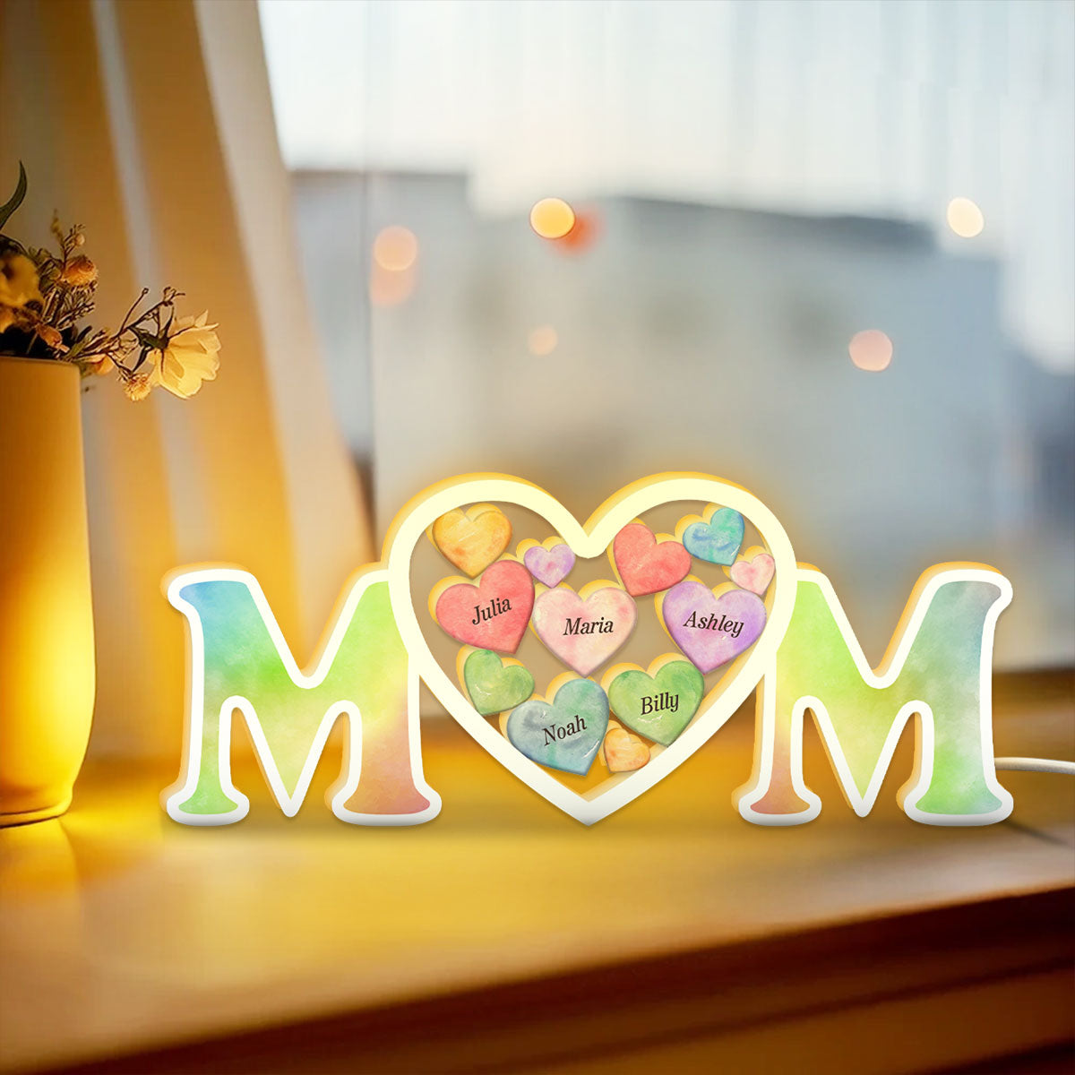 MOM Colorful Hearts In Heart Personalized Light Box, Mother's Day gift for Mom