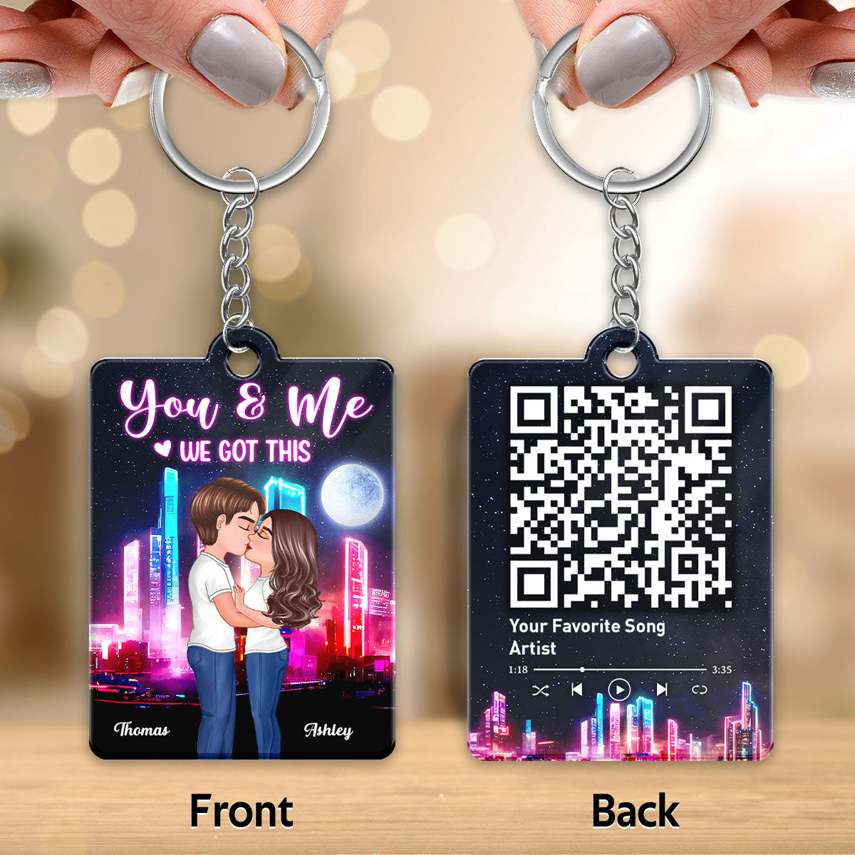 Doll Couple Kissing Neon Night City Favorite Song QR Code Personalized Acrylic Keychain
