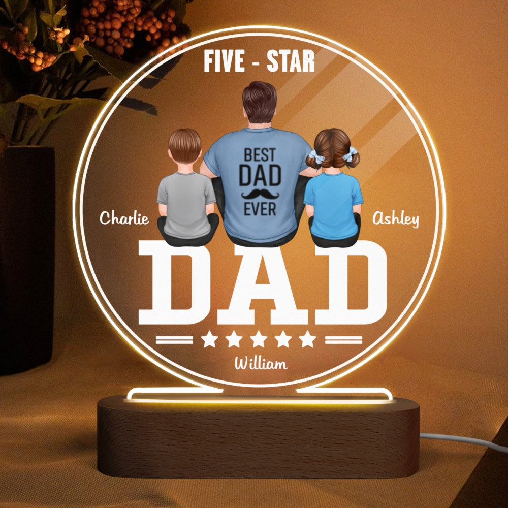 Five - Star Dad Back View Dad And Kids Personalized Acrylic Circle LED Night Light