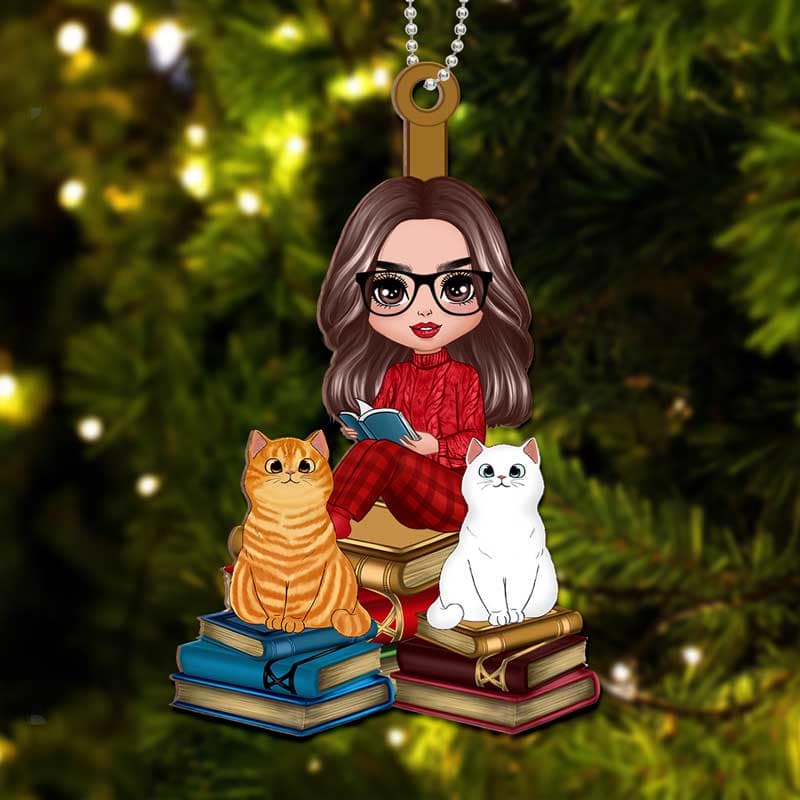 Girl And Cats Sitting On Book Personalized Wooden Ornament