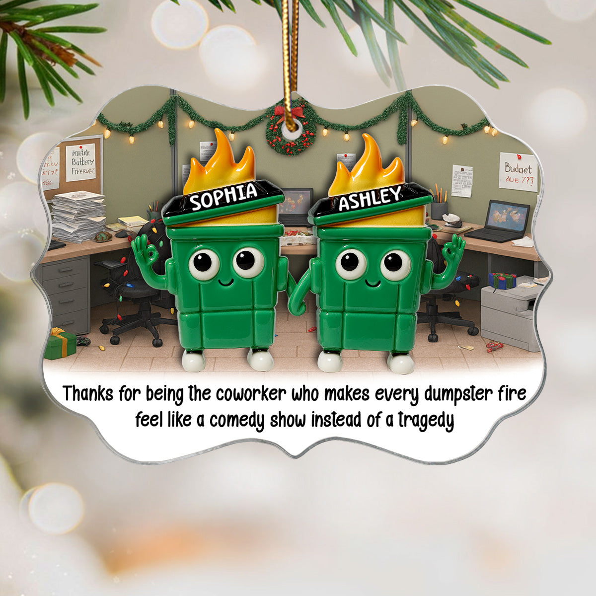Thank You Work Besties 3D Effect Dumpster Fires - Personalized Acrylic Ornament - Funny Gift For Colleagues, Work Besties
