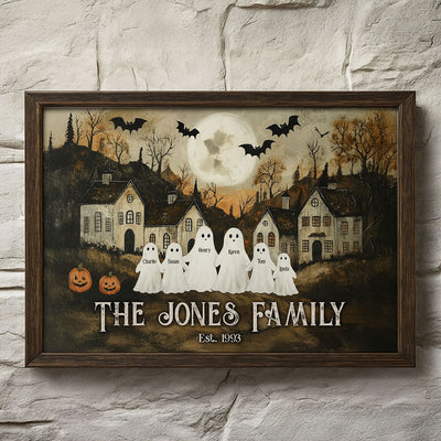 Halloween Town Family Folk Art  Personalized Poster, Fall Halloween Pumpkin Vintage Art Decor