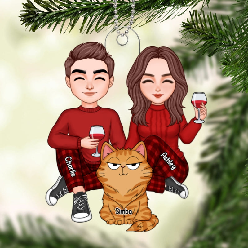 Cute Couple Sitting With Fluffy Funny Expression Cats Personalized Acrylic Ornament
