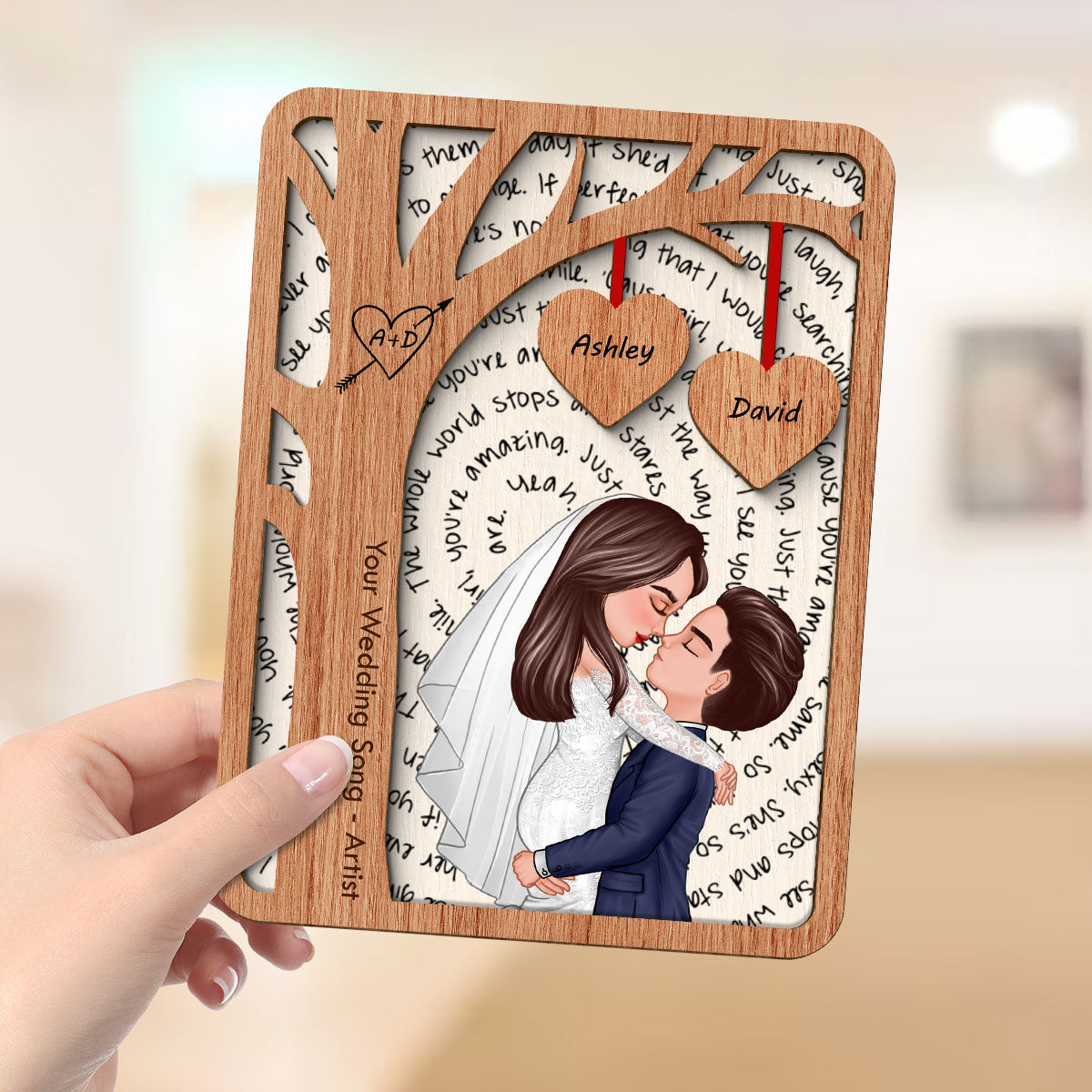 Couple Kissing Under Tree Custom Vinyl Lyrics Personalized Music 2-Layered Wooden Plaque, Wedding Song Dance,  Gift for her & for him