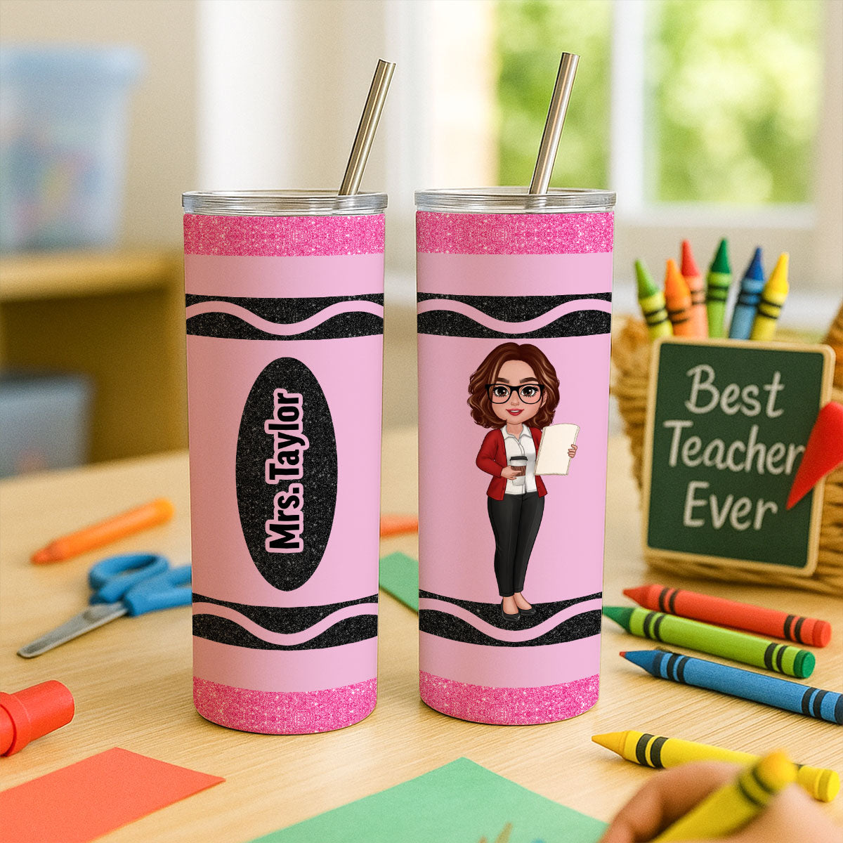 Teacher Custom Name Appreciation Gift Crayon Inspired Personalized Skinny Tumbler