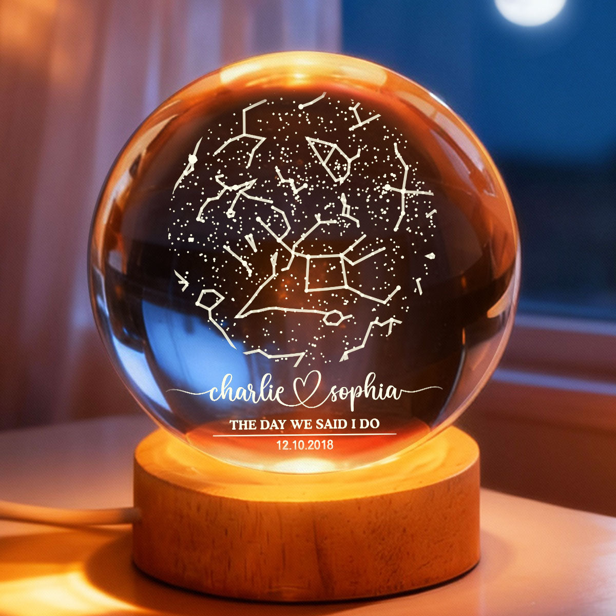 Custom Couple Star Map by Date Constellation - Personalized Crystal Ball Night Light - Heartfelt Anniversary Gift, Valentine's Day Gift for Her, for Him