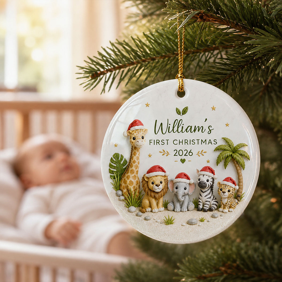 Baby’s First Christmas Safari Animals 2D Flat - Personalized Ceramic Ornament - Christmas Keepsake