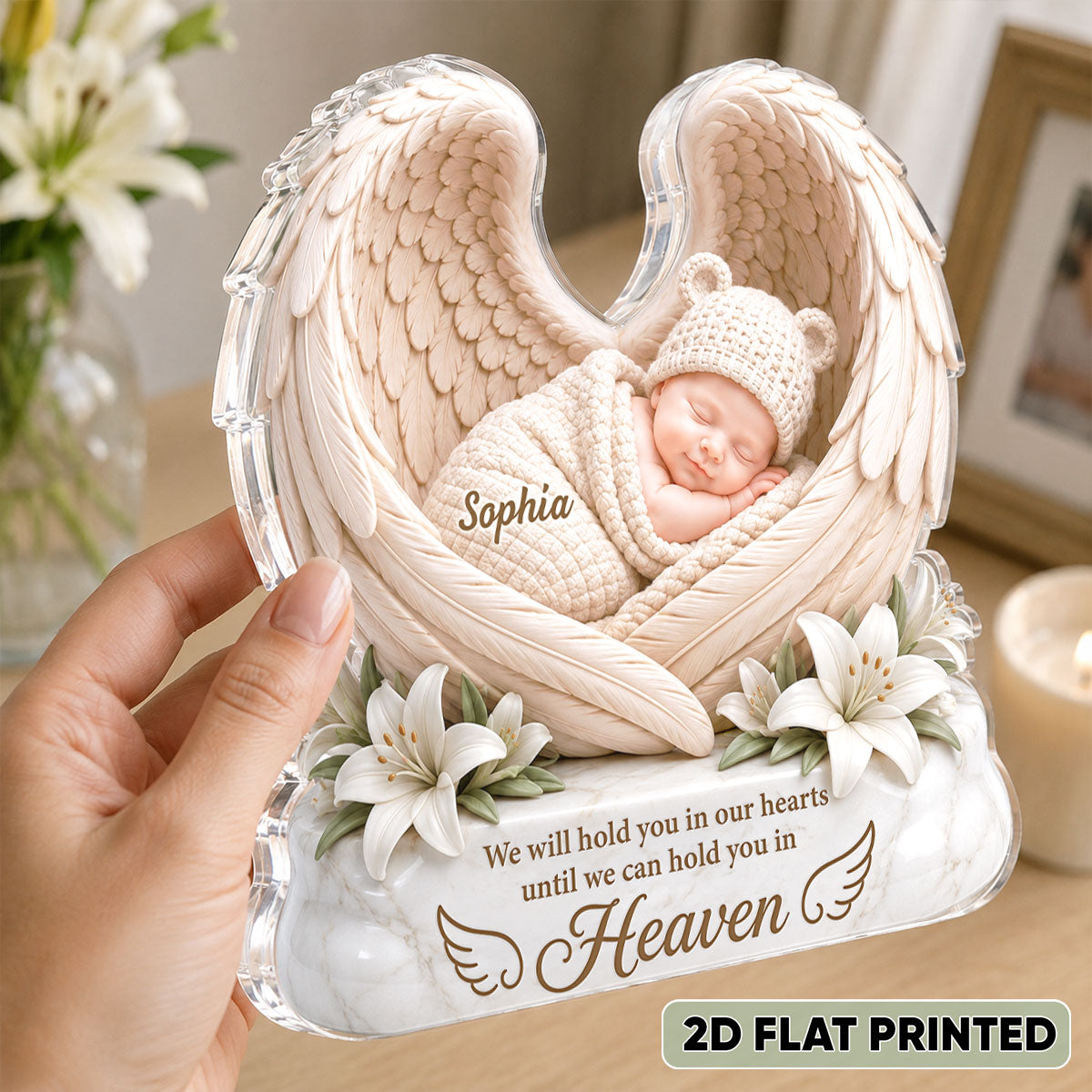 We Will Hold you in Our Hearts - Personalized Acrylic Block Plaque - Custom Infant Loss Gift, Miscarriage Baby Awareness Keepsake