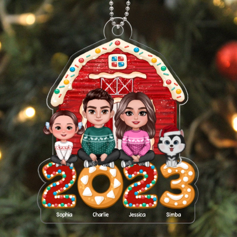Family Sitting Crossed Legs In Front Of Red Barn 2023 Personalized Acrylic Ornament