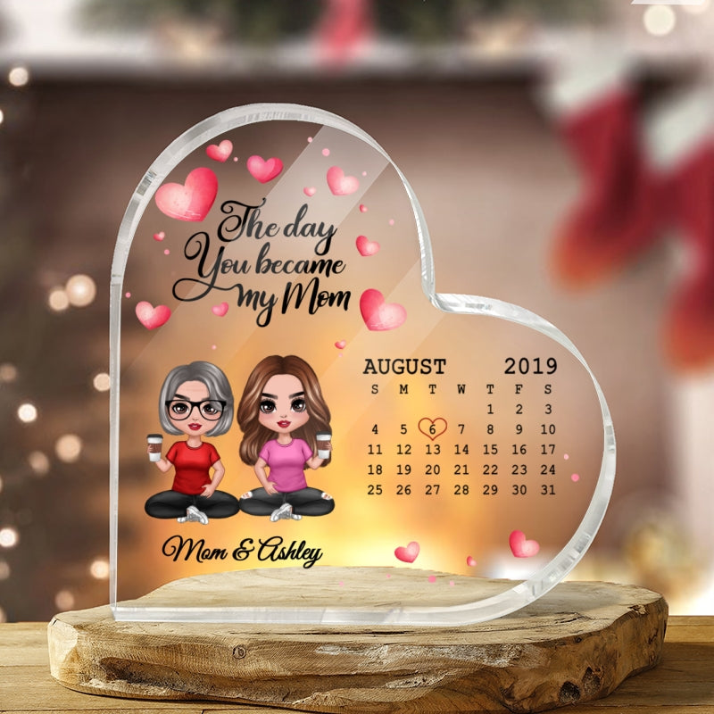 Watercolor Hearts Doll Mother Daughter Son The Day You Became My Mom Calendar Date Mother‘s Day Gift For Mom Personalized Acrylic Heart Plaque