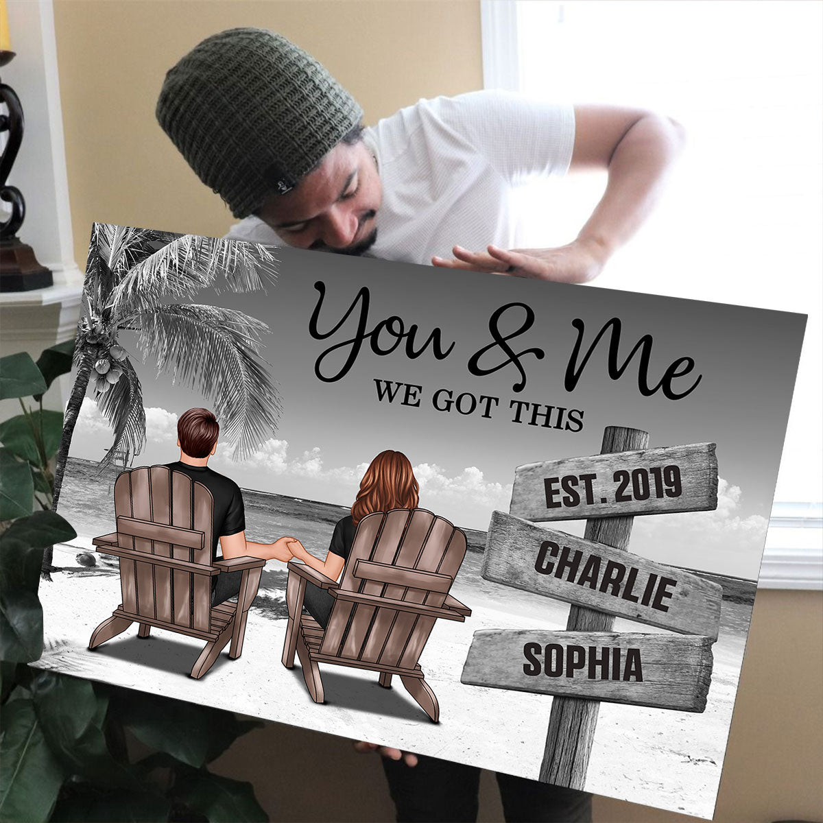 Ocean Breeze Couple Sitting Direction Sign Personalized Poster, Anniversary Gift for Him for Her