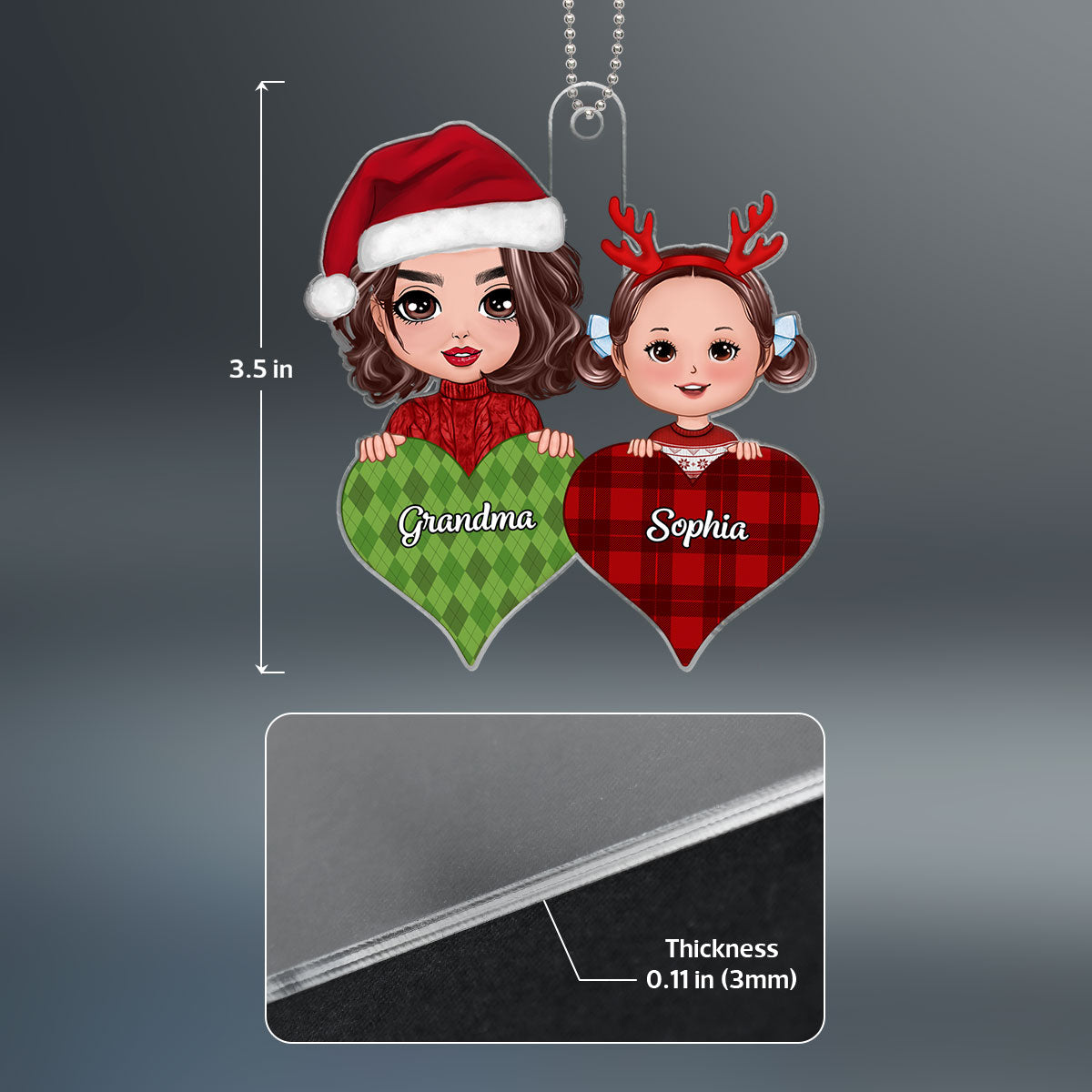 Doll Grandma & Grandkid Peeking On Pattern Heart Christmas Gift For Grandson Granddaughter Personalized Acrylic Ornament