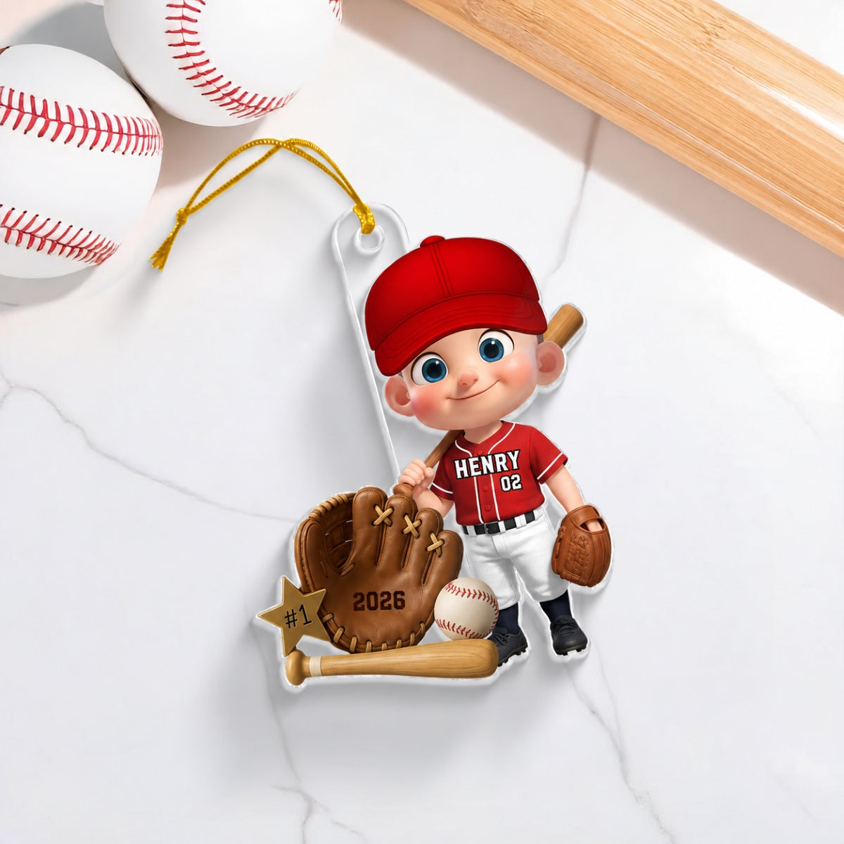 Baseball Player With Baseball Mitt Bat Ball - Personalized Acrylic Ornament - Gift For Kids, Grandkids
