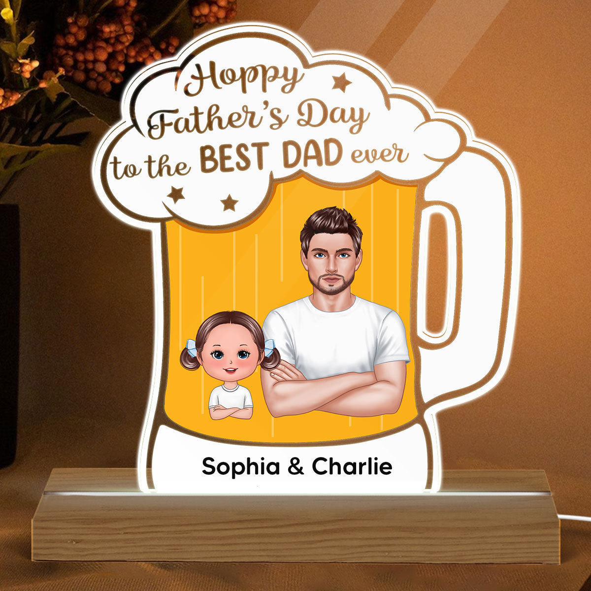 Hoppy Father‘s Day Best Dad Ever Beer Personalized Warm Acrylic Custom Shape LED Night Light