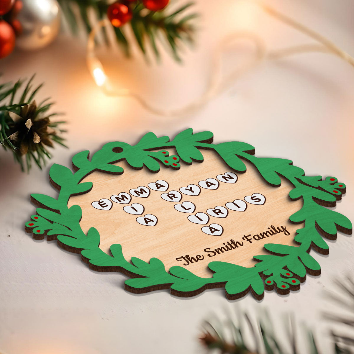 Family Names Crossword Puzzle Art Wreath Shaped Personalized 2-Layer Wooden Ornament
