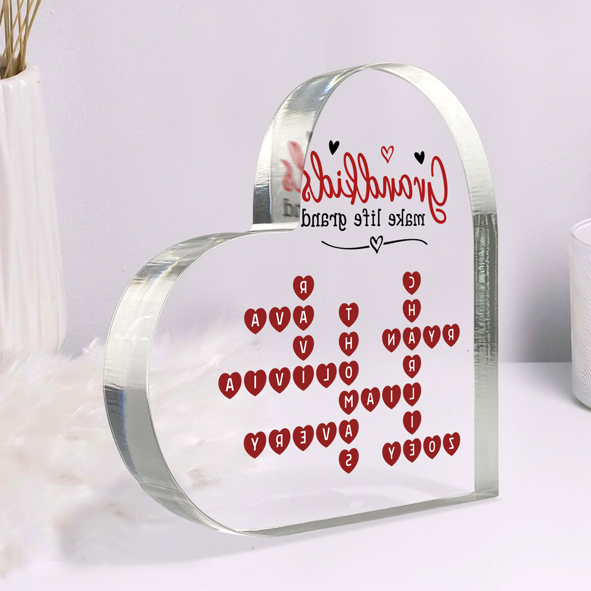 Grandkids Make Life Grand Heartfelt Crossword Puzzle Art Gift For Grandma Personalized Heart Acrylic Block Plaque