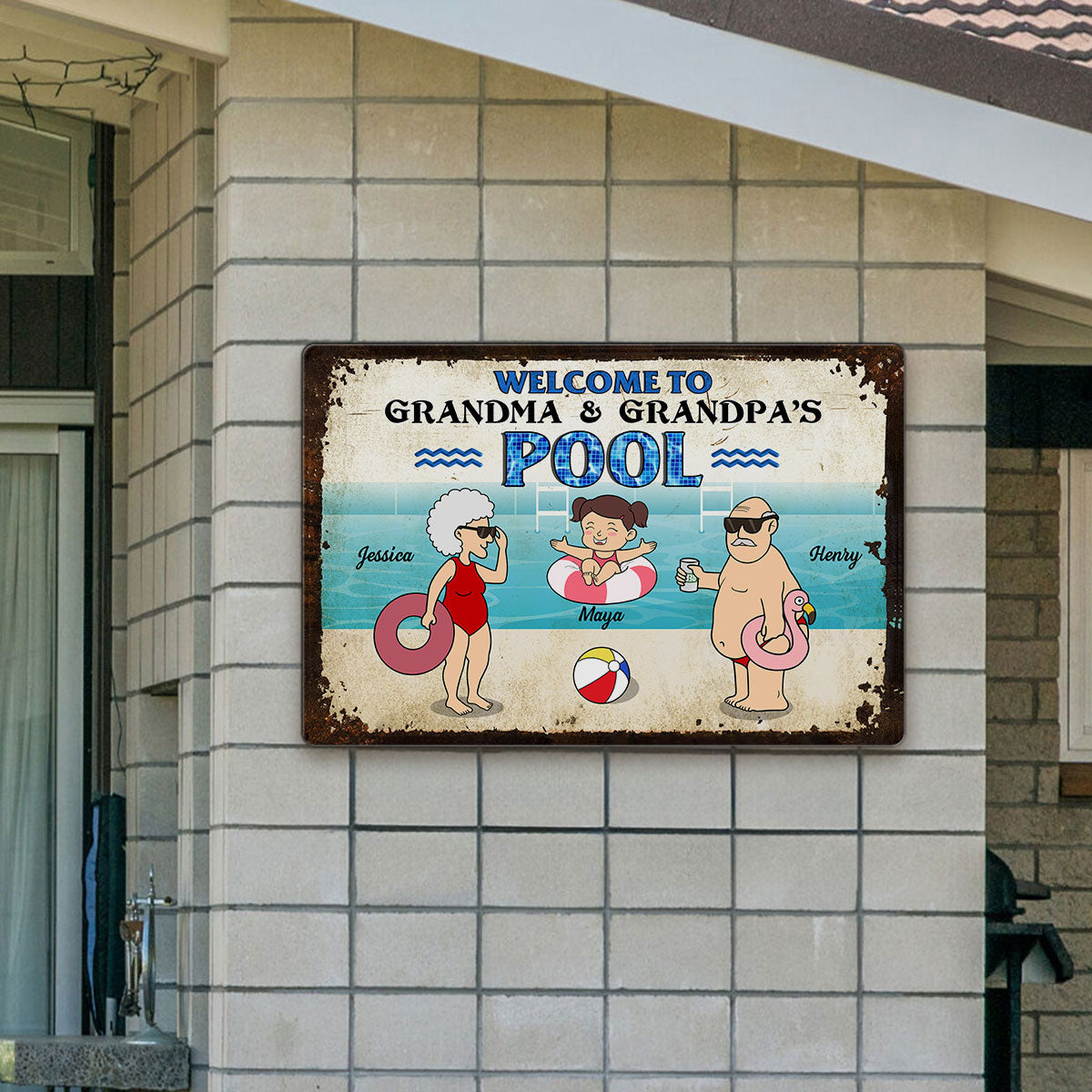 Funny Cartoon Welcome To Grandma Grandpa Pool Personalized Metal Sign