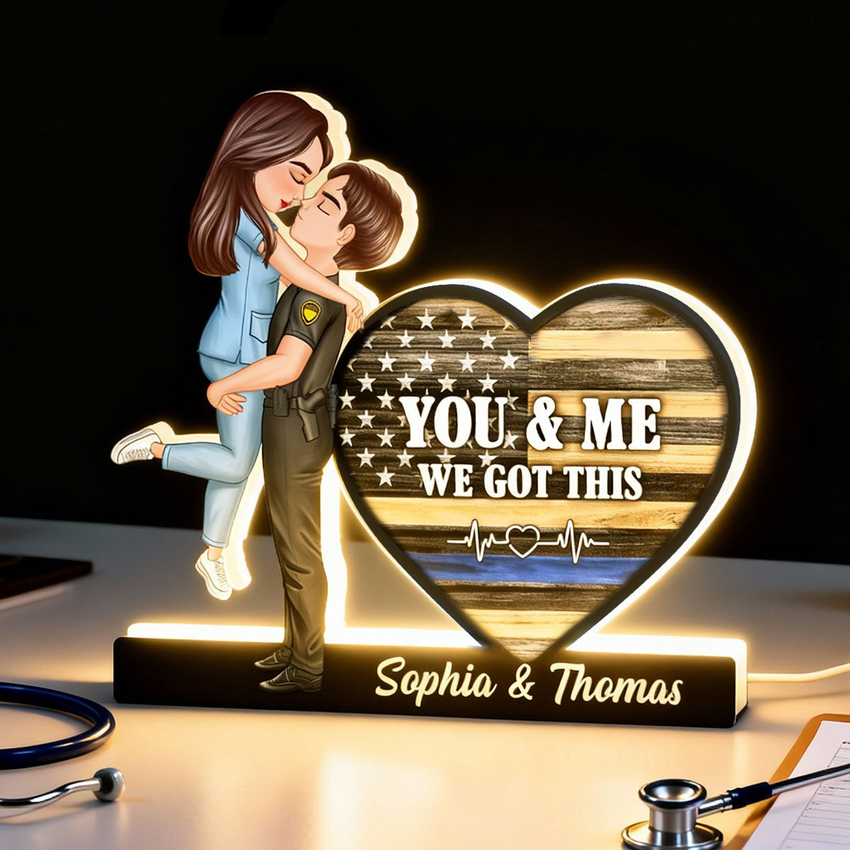 Hero Couple Kissing You & Me We Got This Job Occupation Flag Heart - Personalized Light Box