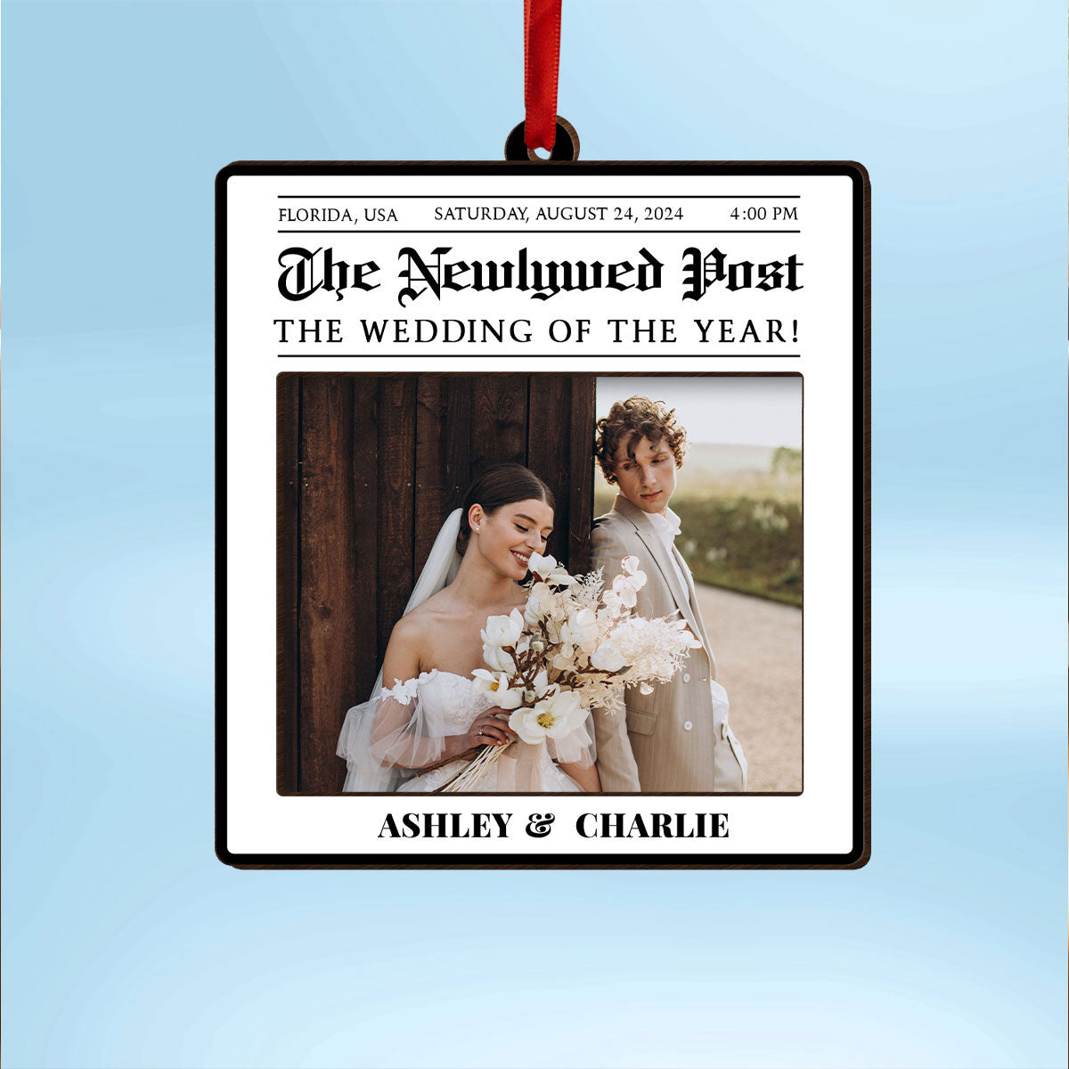 Newspaper Newlywed Anniversary Personalized Photo Frame Ornament, Unique Christmas Gift for Newlywed, Couple, Hanging Photo Car Ornament