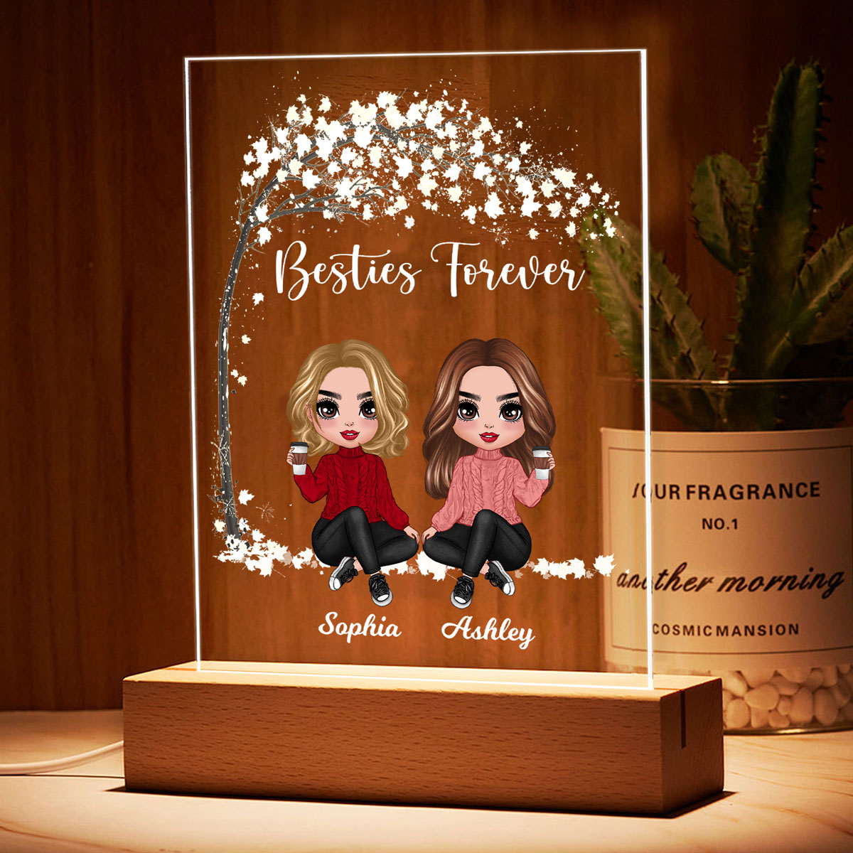 Doll Besties Sisters Sitting Under Tree Personalized Rectangle Acrylic Plaque LED Lamp Night Light