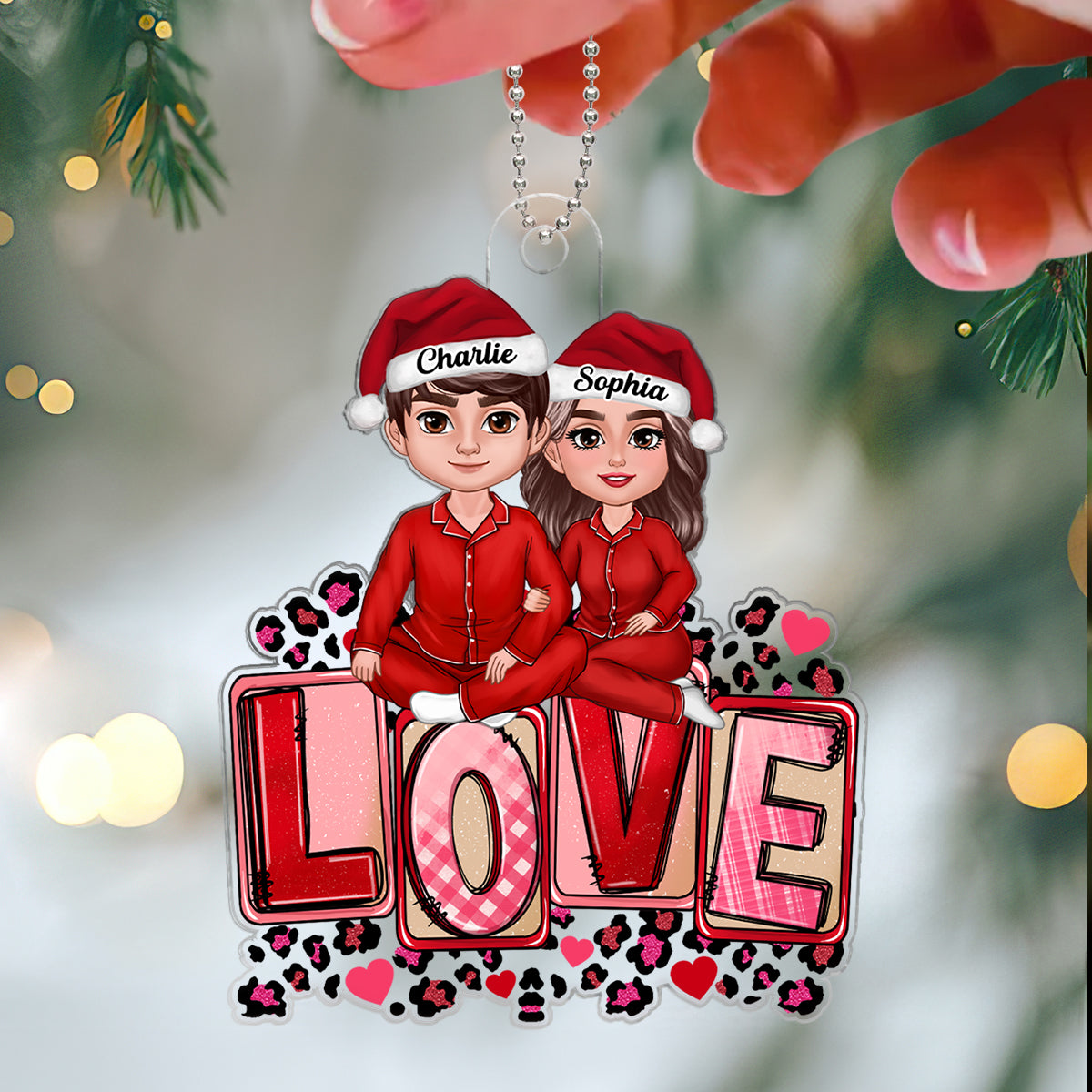 Couple Sitting On Love Pink Leopard Personalized Acrylic Ornament