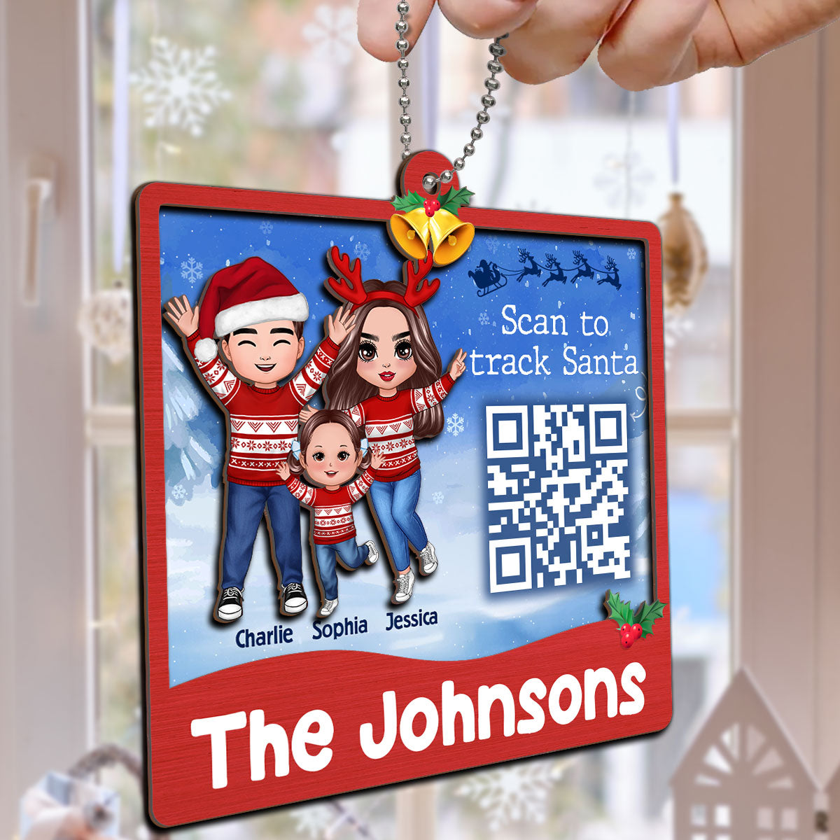 Happy Family Santa Tracker QR Code Personalized 2-Layer Wooden Ornament