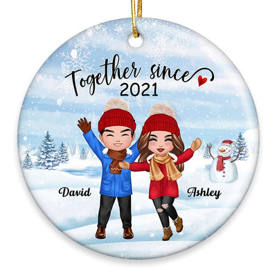 Happy Doll Couple In Snow Christmas Personalized Circle Ornament