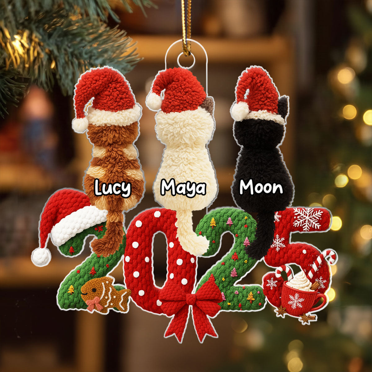 2025 Cat Lovers Latch Hook Yarn Faux - Personalized Acrylic Ornament - Christmas Gift for Cat Moms, Cat Dads