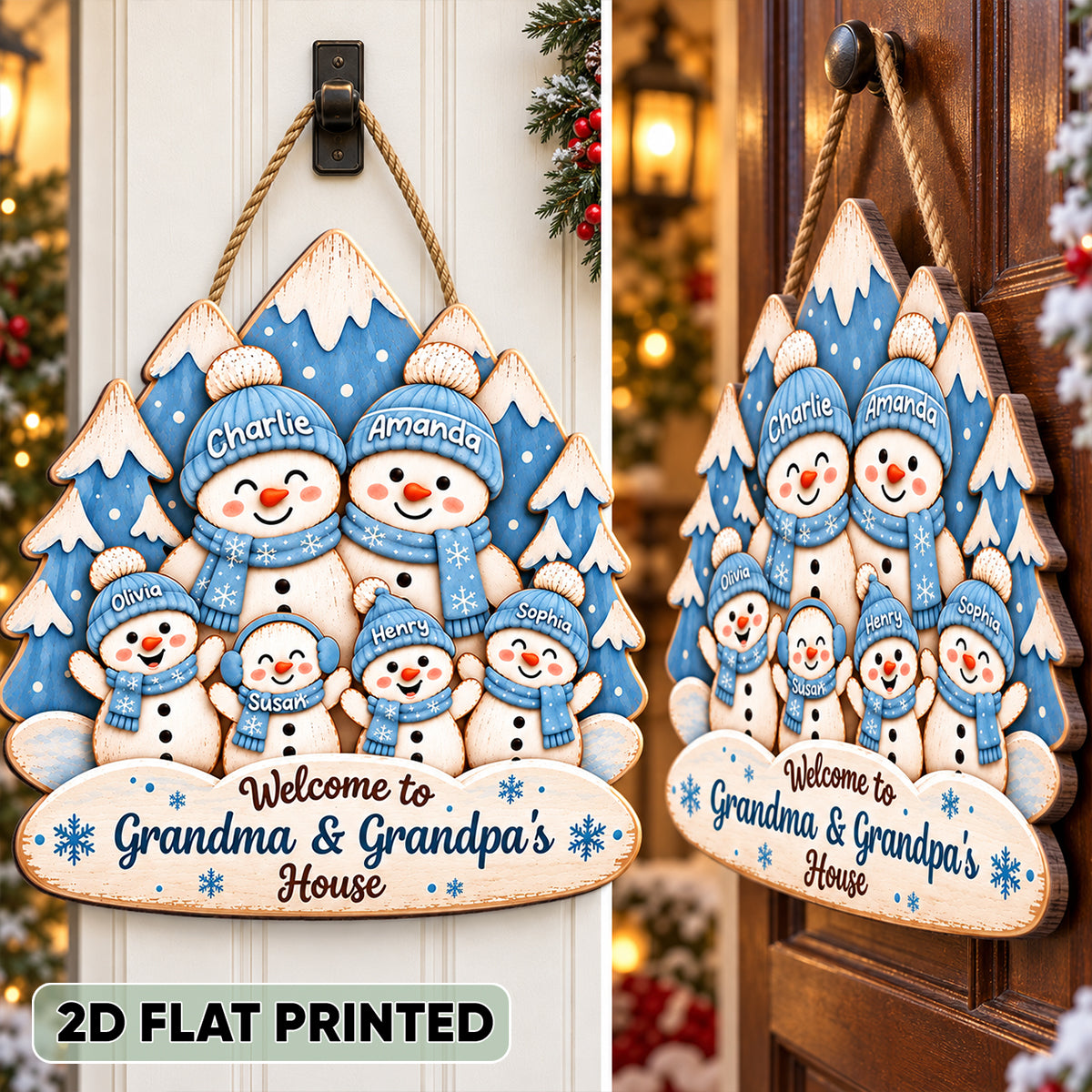 Blue Winter Forest Snowman Grandparents & Grandkids 2D Flat Printed - Personalized Wood Sign - Christmas Gift For Grandma & Grandpa