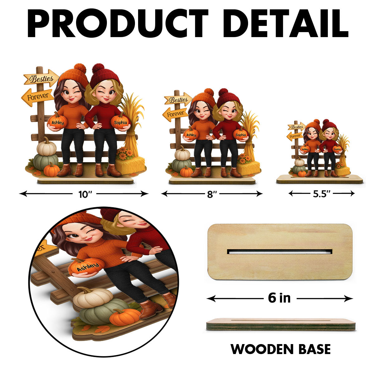 Besties Sisters Fall Season Fence Pumpkin Patch Personalized Standing Wooden Plaque