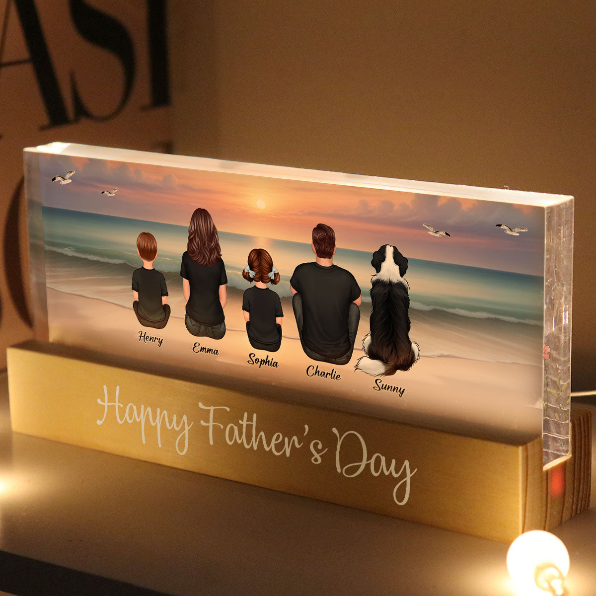 Eternal Family Love Beach Landscape - Personalized Acrylic Block Plaque LED Night Light - Gift For Dad, Gift For Husband, Gift For Grandpa