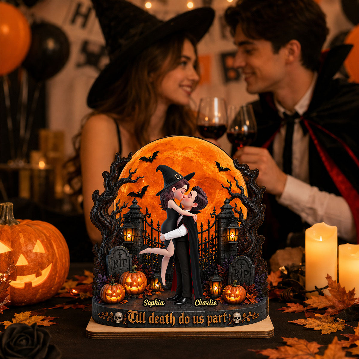 Eternal Love Couple Under Halloween Moon Light - Personalized 2-Layered Wooden Plaque - Halloween Gift For Couple
