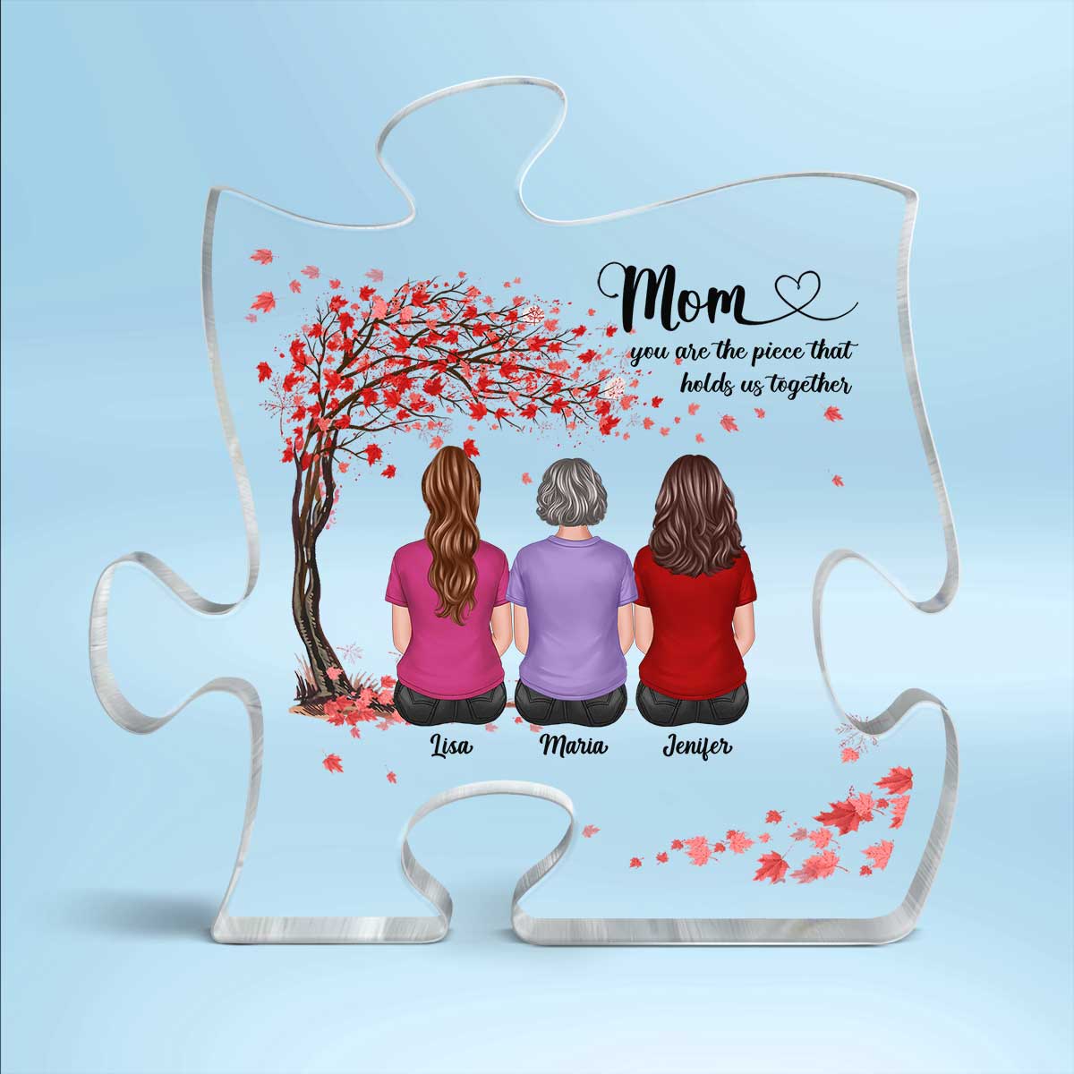 Back View Mother Daughters Pink Tree Personalized Puzzle Acrylic Plaque