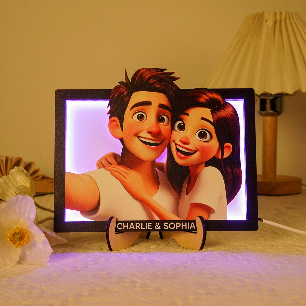 Embracing Hugging Couple Selfie Personalized 2-Layered Wooden Plaque With LED