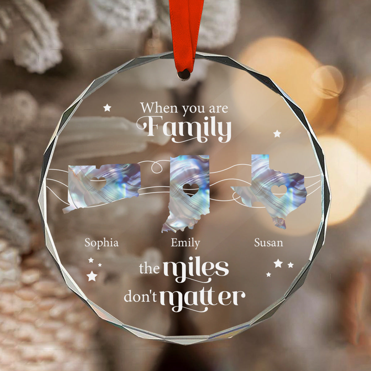 The Miles Don't Matter Long Distance Pearl Theme State Map - Personalized Glass Ornament - Relationship Gift For Besties, Family Members, Siblings