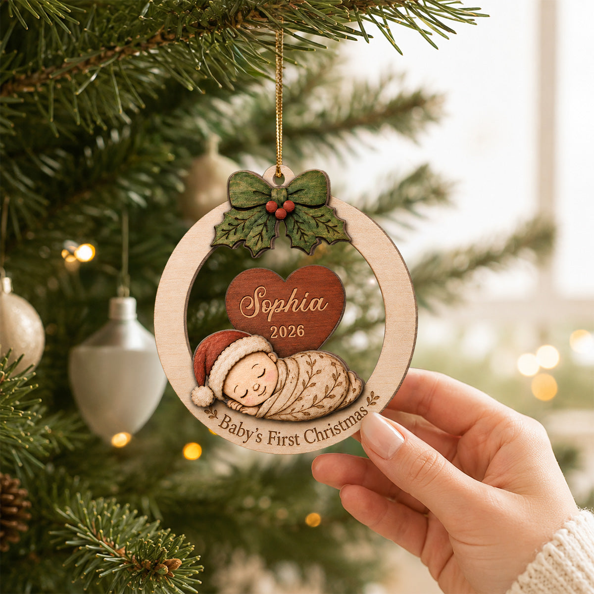 Baby's First Christmas Baby Sleeping - Personalized 2-Layered Wooden Ornament - Baby's 1st Christmas Keepsake