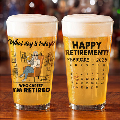 Woman Man Sitting I'm Retired You Can't Make Me Custom Calendar Personalized Beer Glass, Retirement Gift