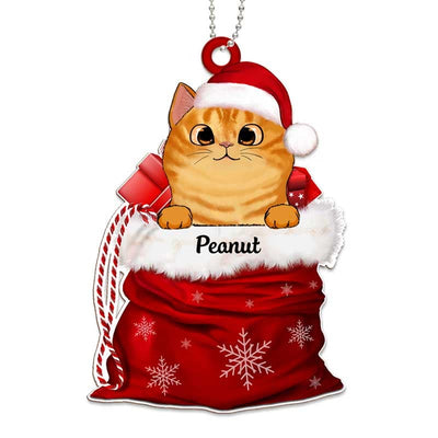 Peeking Cats In Christmas Gift Basket Personalized Wooden Ornament