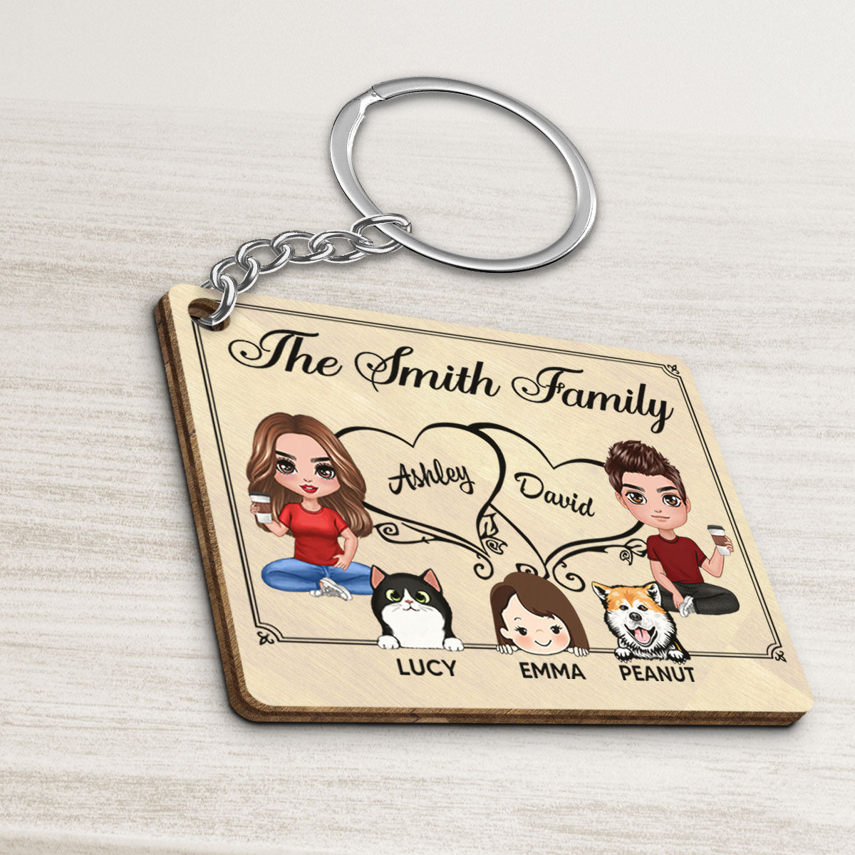 Whole Family Doll Couple Dad Mom Peeking Kids Dogs Cats Personalized Wooden Keychain