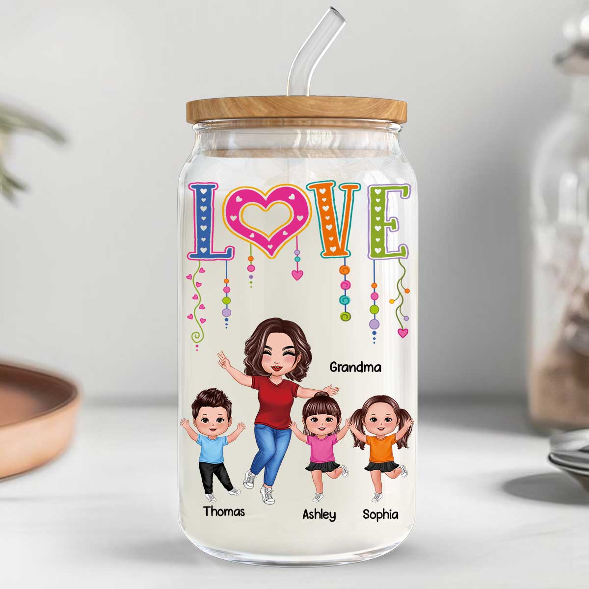 LOVE Happy Doll Grandma With Kids Personalized Clear Glass Can