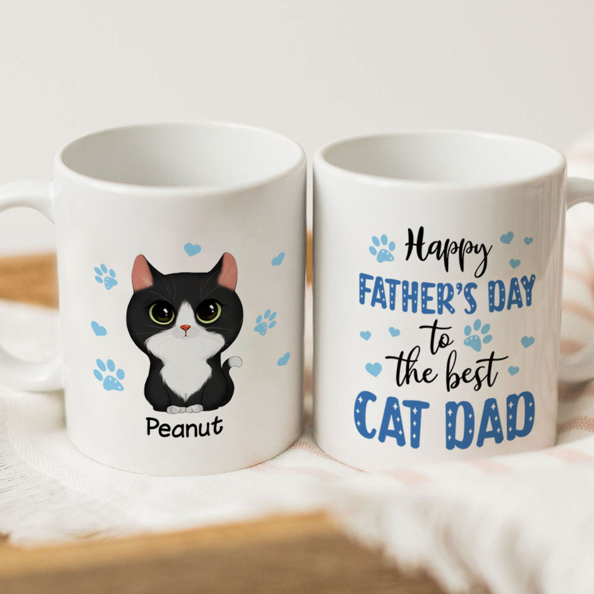 Blue Hearts Happy Father‘s Day To The Best Cat Dad Watercolor Cute Cats Personalized Mug