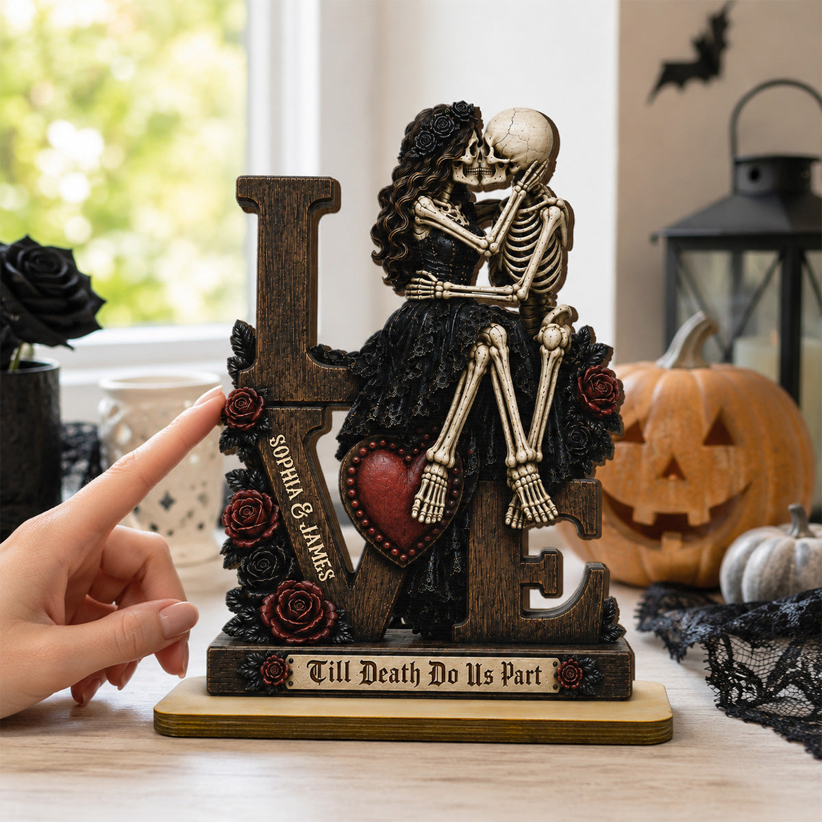 Skeleton Couple Kissing Eternal LOVE 2D Flat - Personalized 2-Layered Wooden Plaque - Halloween Decor For Couple