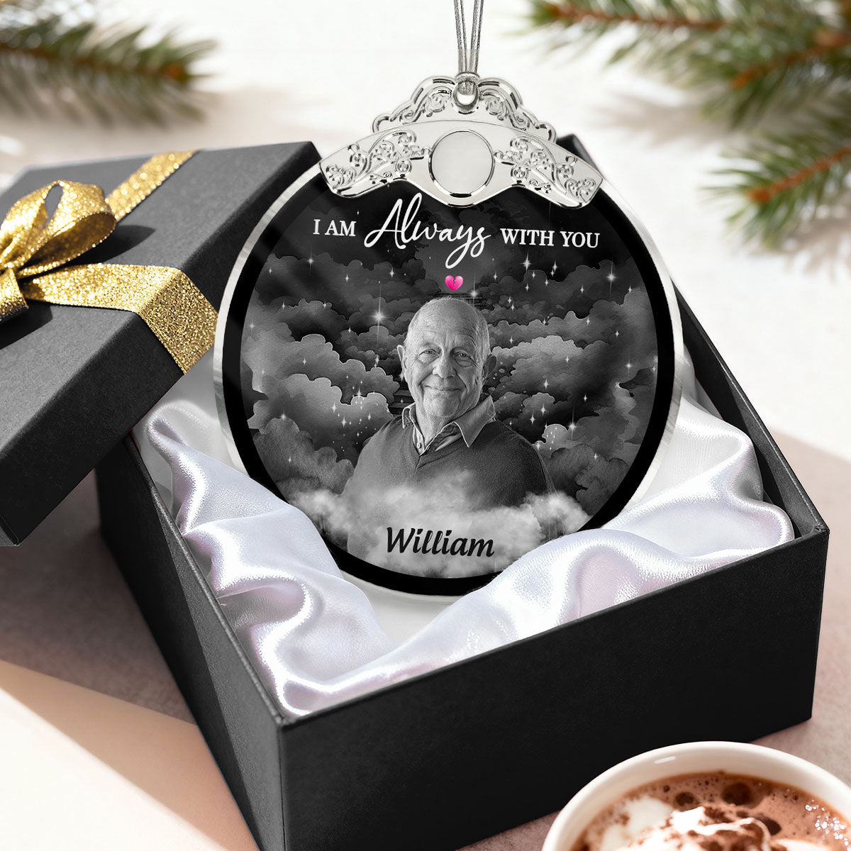 I Am Always With You Memorial Photo Christmas Family Remembrance - Personalized Glass Ornament With Silver Cap