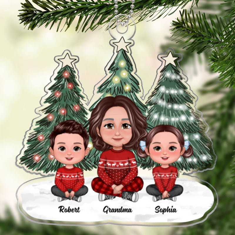 Christmas Green Tree Lights Cute Grandma & Grandkids Sitting Personalized Acrylic Ornament