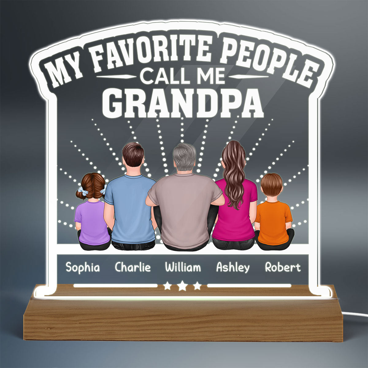 My Favorite People Call Me Grandpa Dad Back View Man Sitting With Kids Personalized Custom Shape Acrylic Plaque Warm LED Night Light