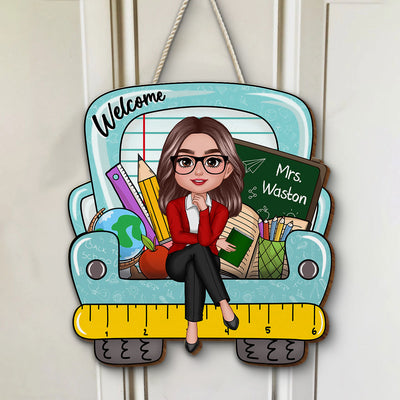 Doll Teacher Truck Back View Personalized Wood Sign, Back To School Gift