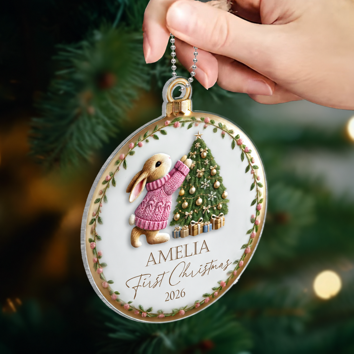 Baby's First Christmas Cute Pink Blue Bunny Rabbit For Baby Boy Girl Personalized Acrylic Ornament, New Parents Keepsake, Gift For Newborn