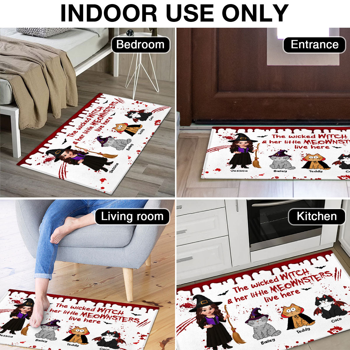 Halloween Wicked Witch And Little Monsters Cats Live Here Personalized Doormat