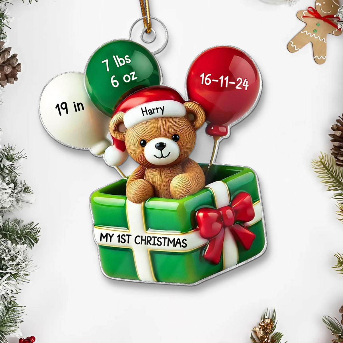 3D Effect Teddy Bear Baby First Christmas Personalized Acrylic Ornament, Newborn Christmas Gift